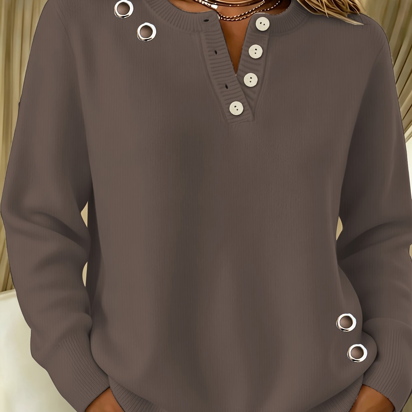 TEMU Women's New Fashionable Half-button Sweater, Featuring A Round Neck And Long Sleeves, With A Beautiful Printed Design. A Stylish, Trendy, And