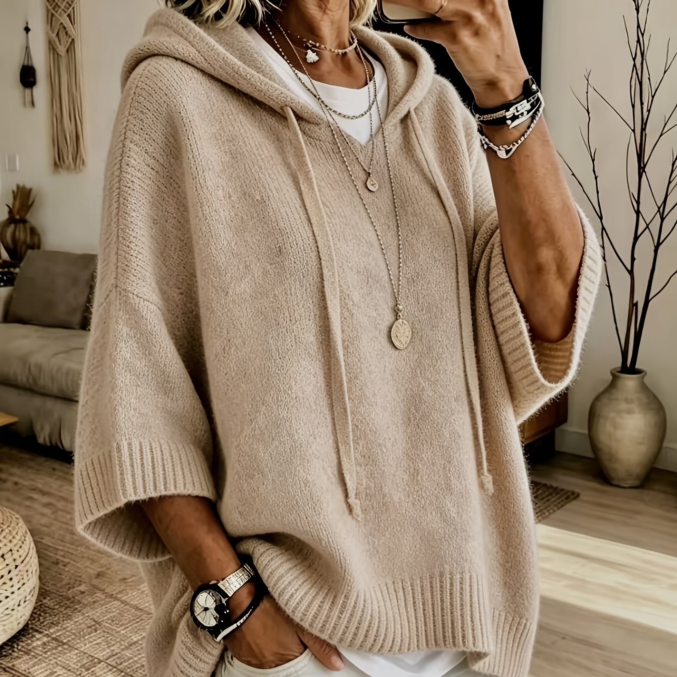 TEMU Plus Size - Plus Size - Lässiges Damen-Sweatshirt mit Kapuze und Kordelzug, klassisches, vielseitiges Kapuzenoberteil, elegantes Damen-Top,