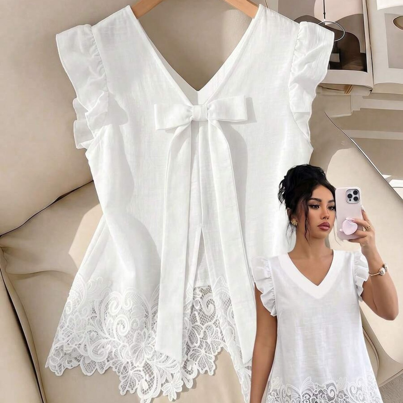 TEMU Blouse grande taille pour femme à col en V, manches bouffantes, ourlet en dentelle et nœud dans le dos, tenue pour d'été, convient pour , fête,