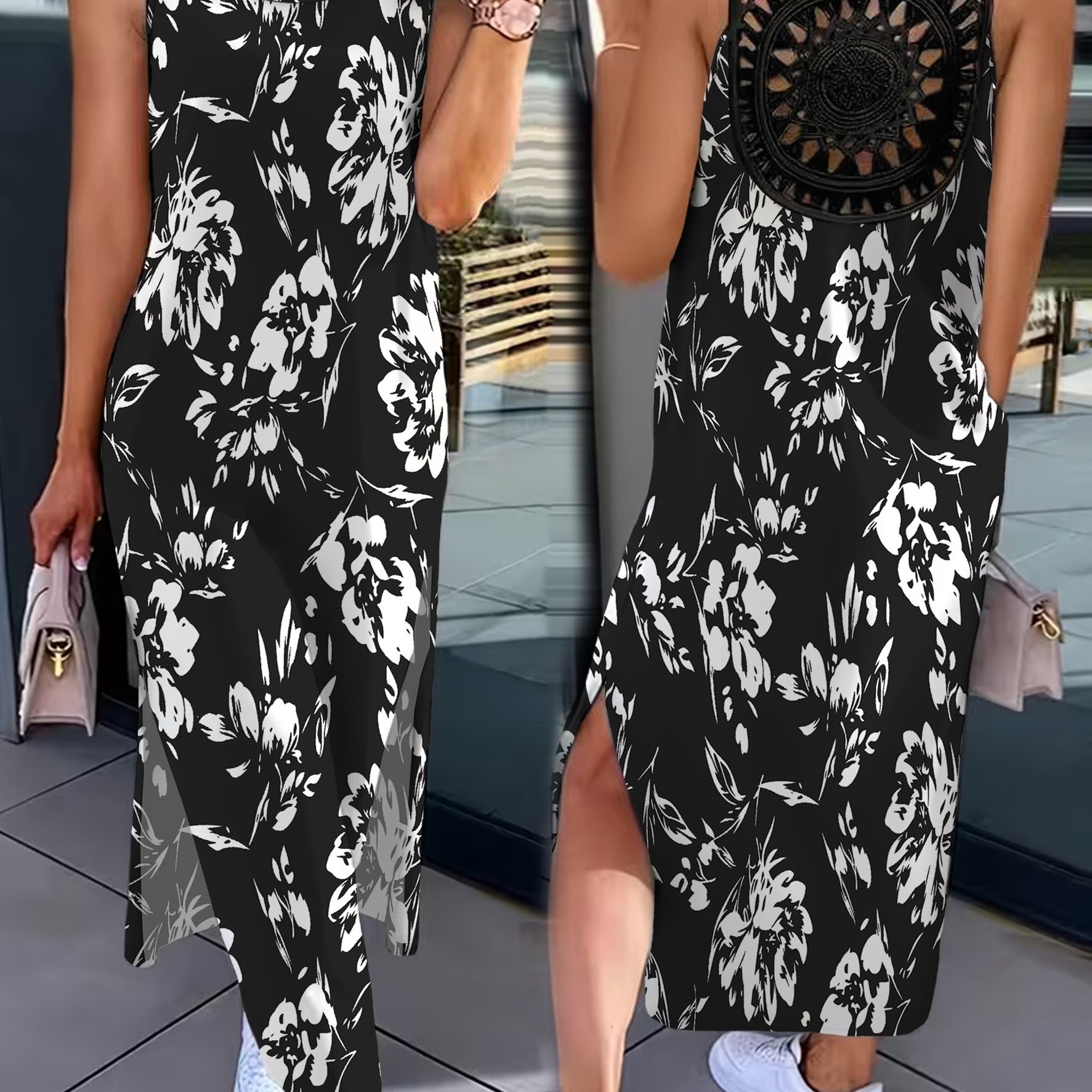 TEMU Plus Size, Lace-trimmed Cut-out Vest Dress, Spring/ Style Sleeveless Round-neck Dress - Perfect For Casual Occasions, Parties, And Dates