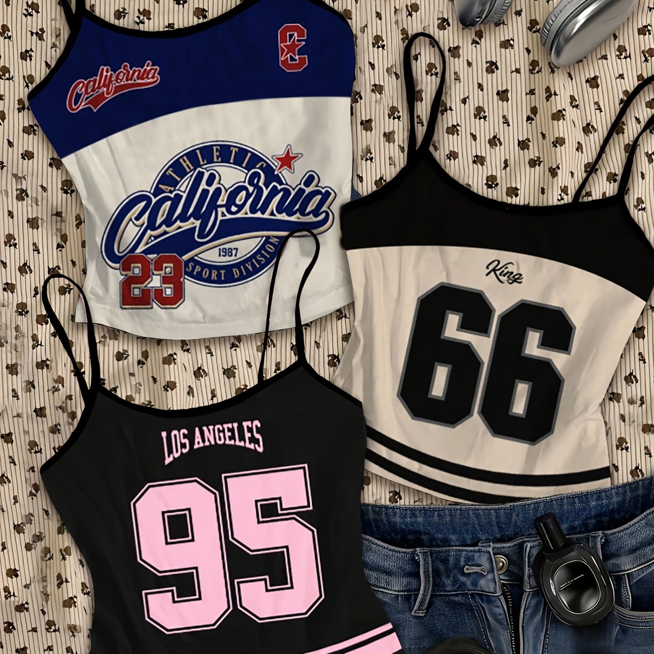TEMU Damen Vintage Y-Zahl Buchstaben-Print Cami-Crop-Top 3-teiliges Set, Lässiger vielseitiger Stil, Geeignet für Sommerkleidung