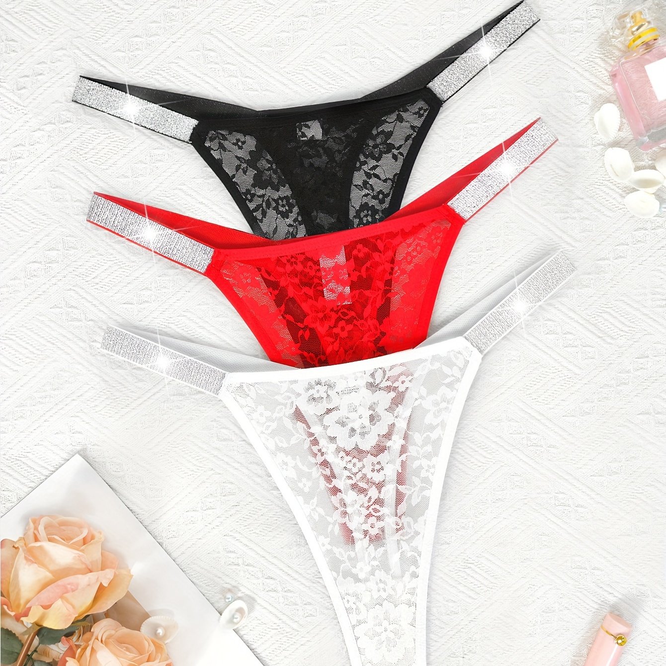 Image of 3pcs Of Women's Thong, Lace And Silvery Ribbon Underwear, Comfortable, Breathable, Sexy, Seductive And Spicy Underwear, Women's Underwear And Lingerie