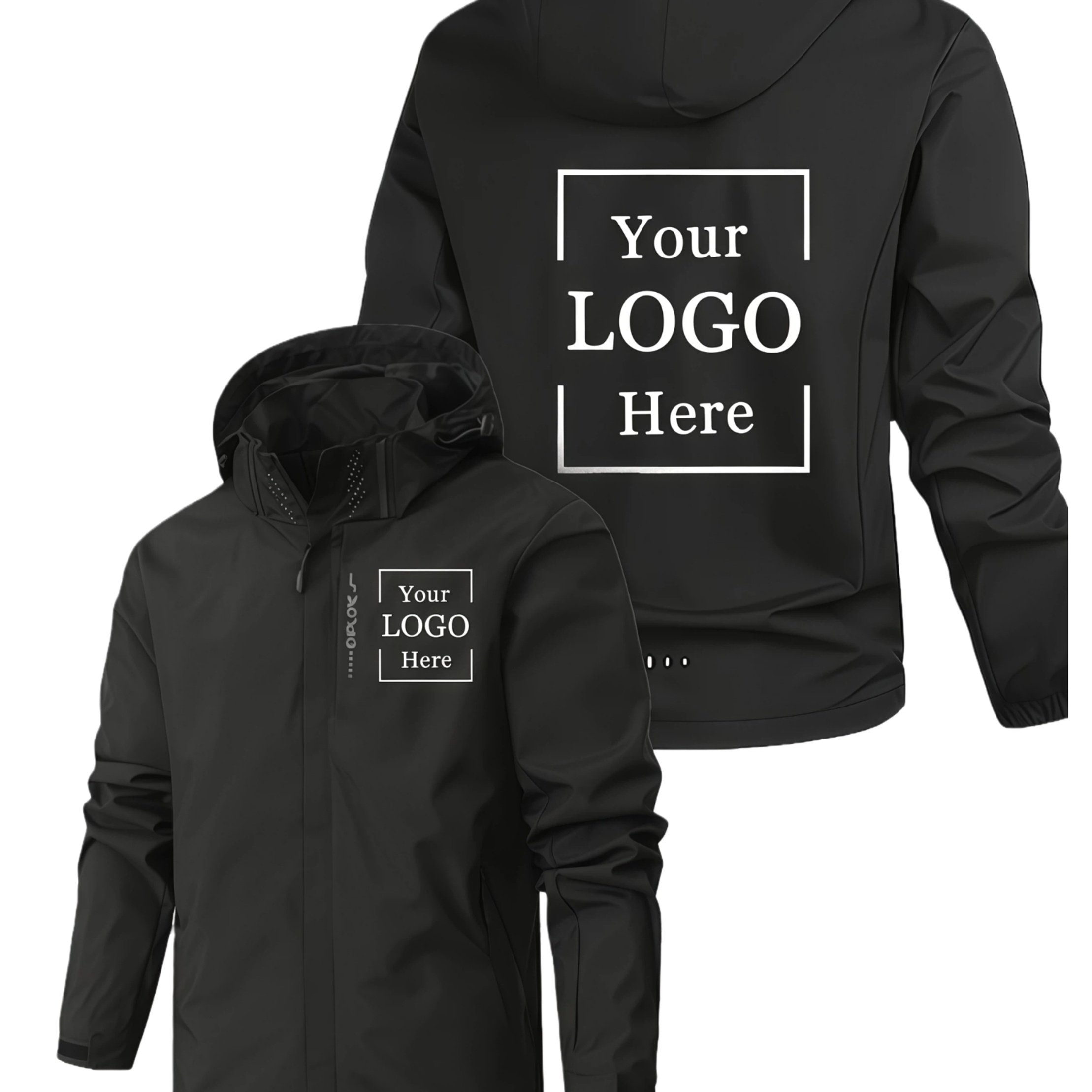 TEMU High-quality Men's Customizable Logo Full-zip Hooded Jacket - Personalized Text/logo Print, Zipper Pockets And Full-length Closure, Polyester