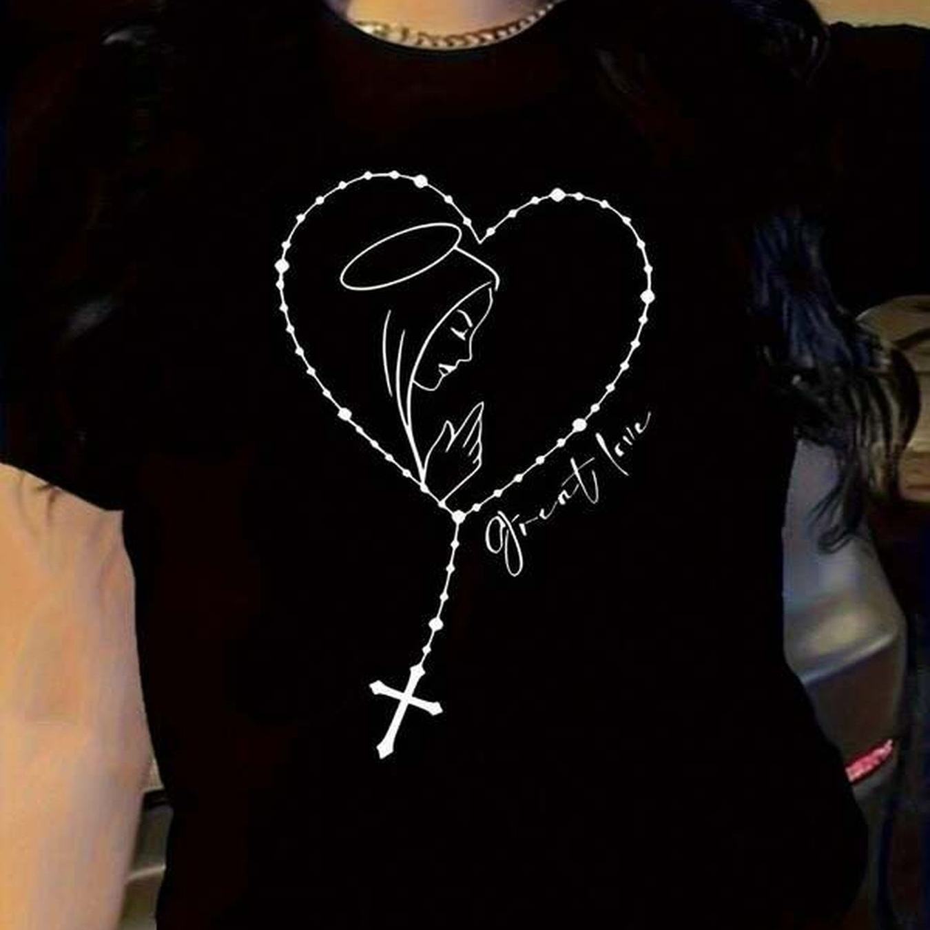 Image of Black Crew Neck T Shirt Featuring A Heart Shaped Rosary And Casual Birthdays Parties Great Collectible Item, Plus Size