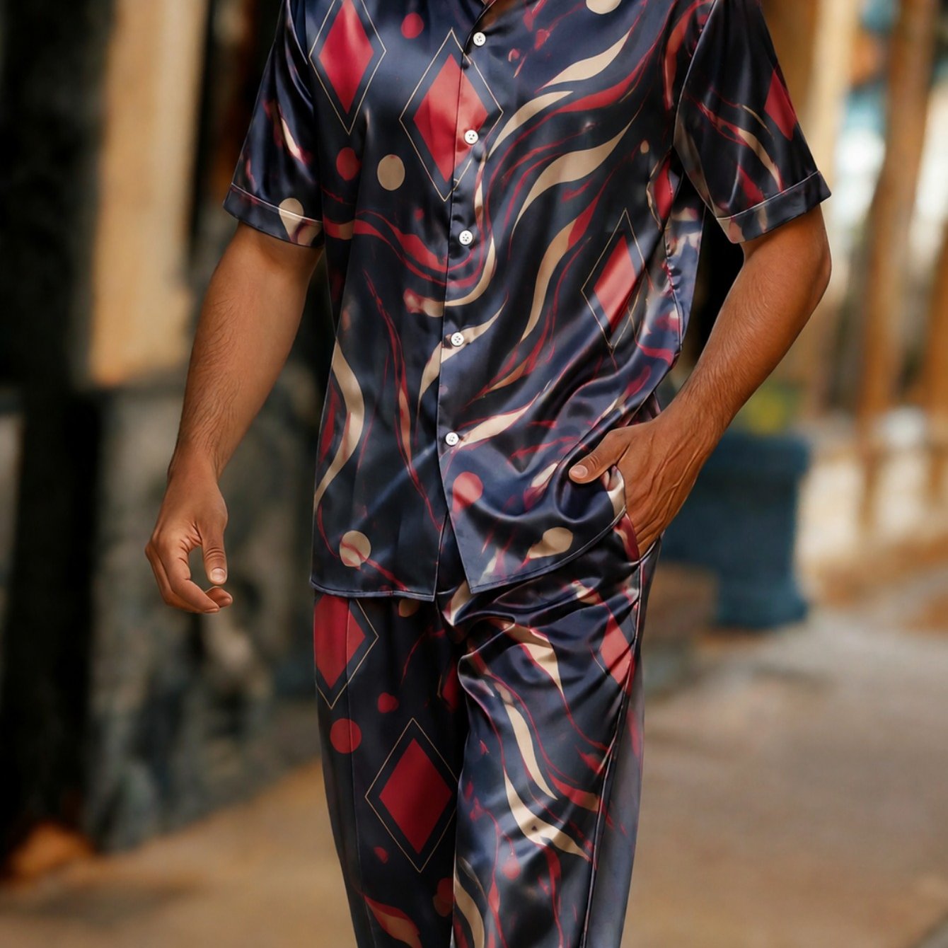 Image of 2pcsmen's Short Sleeve Pajama Set In Red-black Abstract Print, Lightweight Comfortable For Home, Lounge, Dining Room, Or Casual , Perfect Gift For Spring Summer Daily Wear