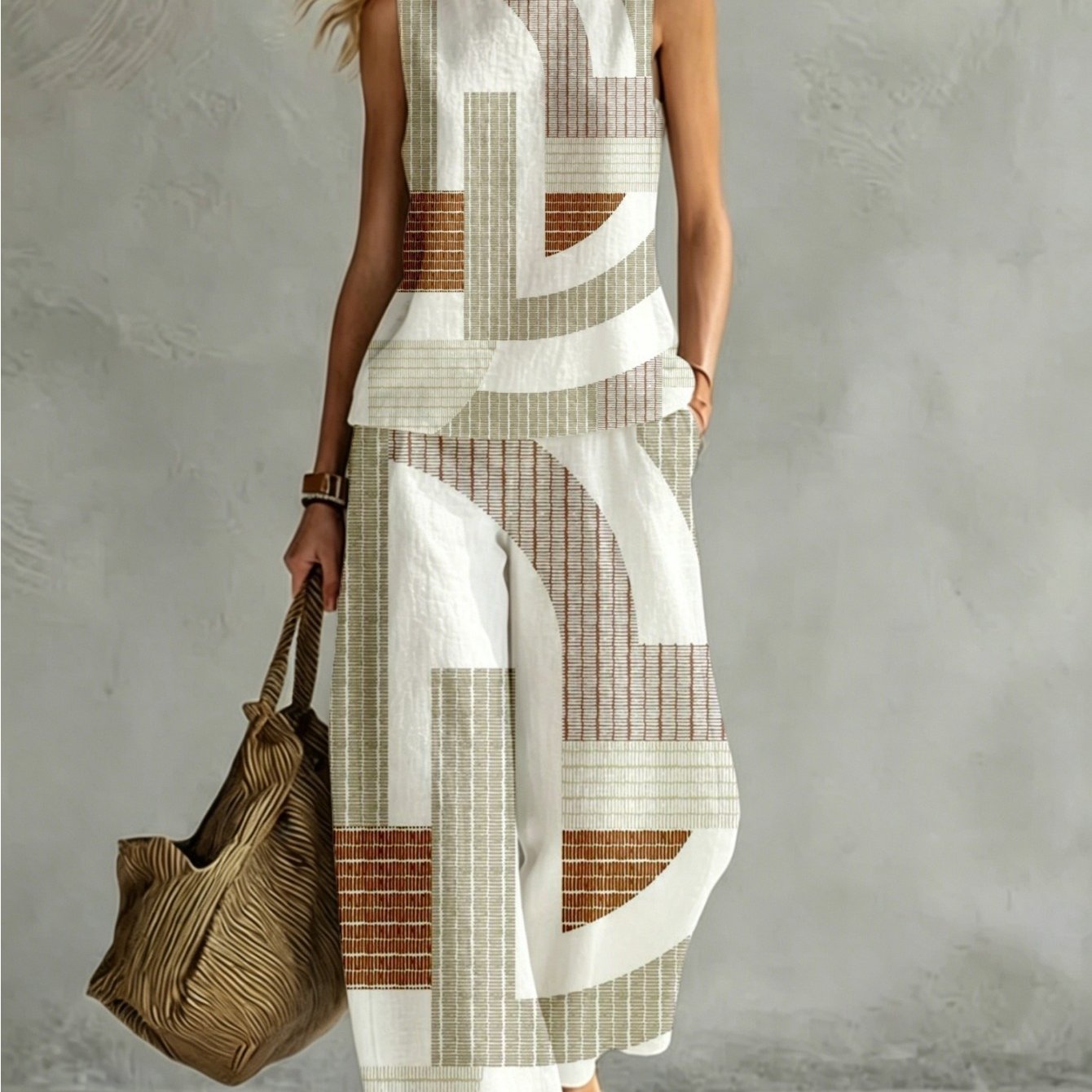 Image of 3d Geometric Abstract Print Vest Set Women's Casual Loose Draped 2pcs Set Easy Geometric Women's Summer Thin Breathable Sleeveless Vest Wide-leg Pants