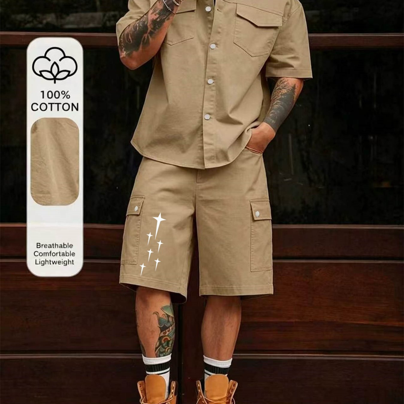 100% New Summer Fashion Solid Color Classic Men's Workwear Multi-pocket Shirt And Shorts Set, Casual Jogging 2pcs Set