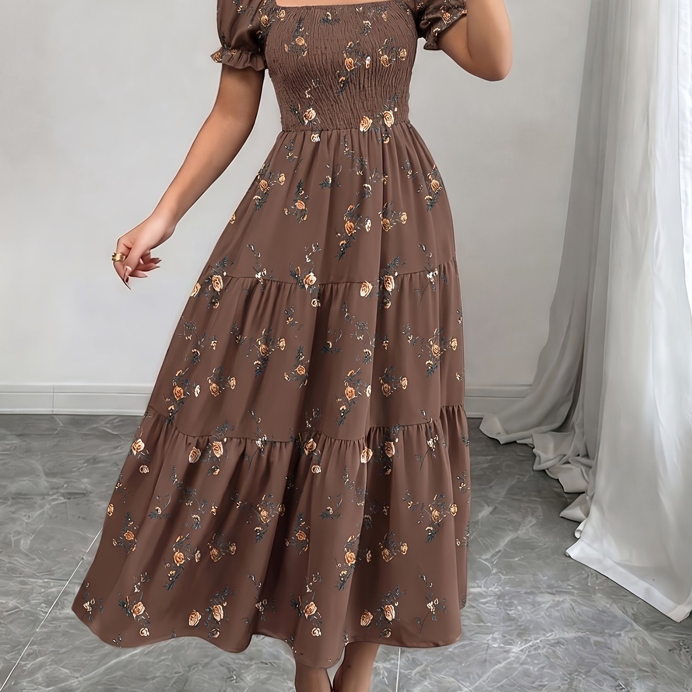 TEMU Fashionable And Elegant Mid-length Floral Print Wrap Dress For Women 625