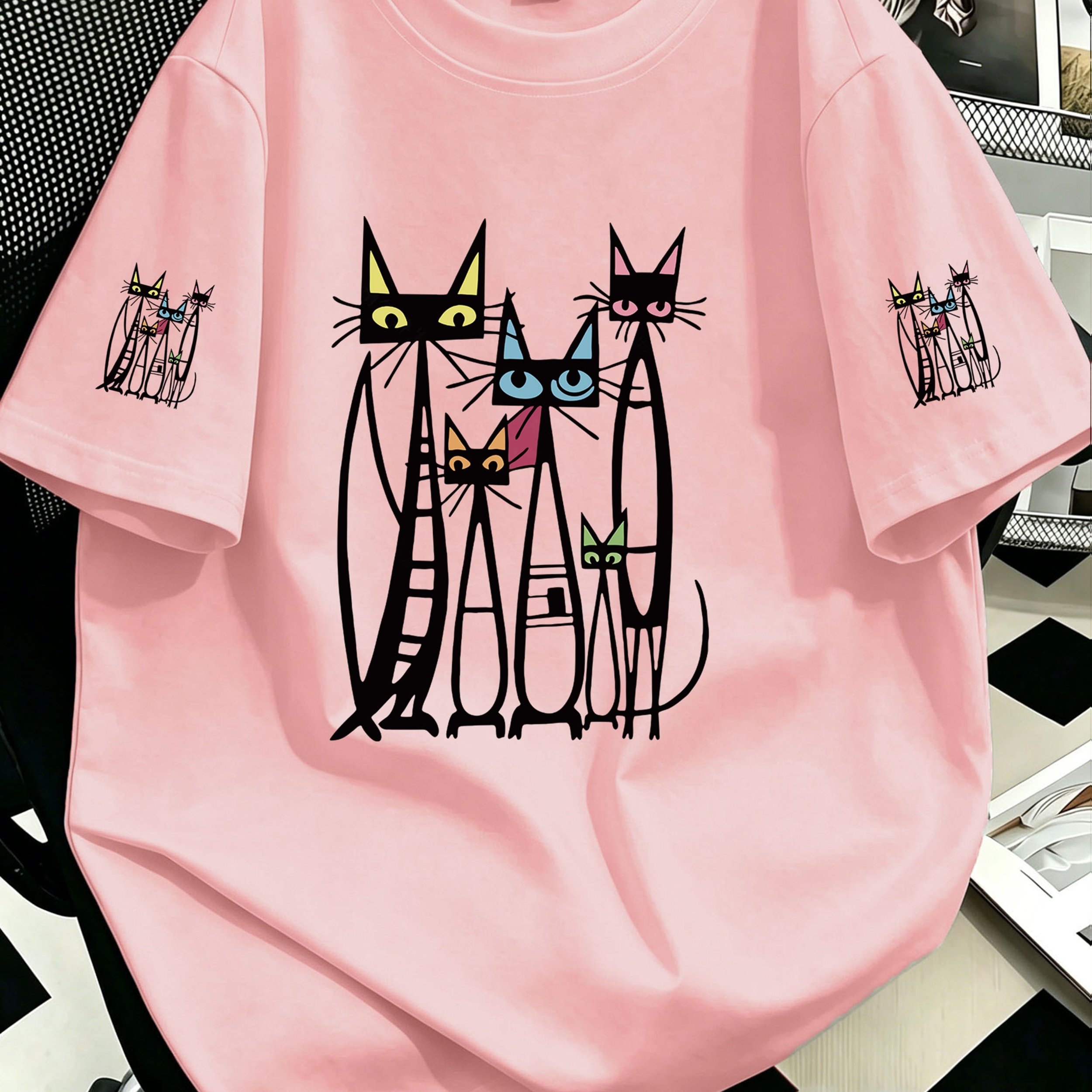 TEMU Plus Size, Plus-size Women's Casual Daily Short-sleeve T-shirt With Cartoon-style Colored Line Art Cat Print And Round Neck, Suitable For Summer