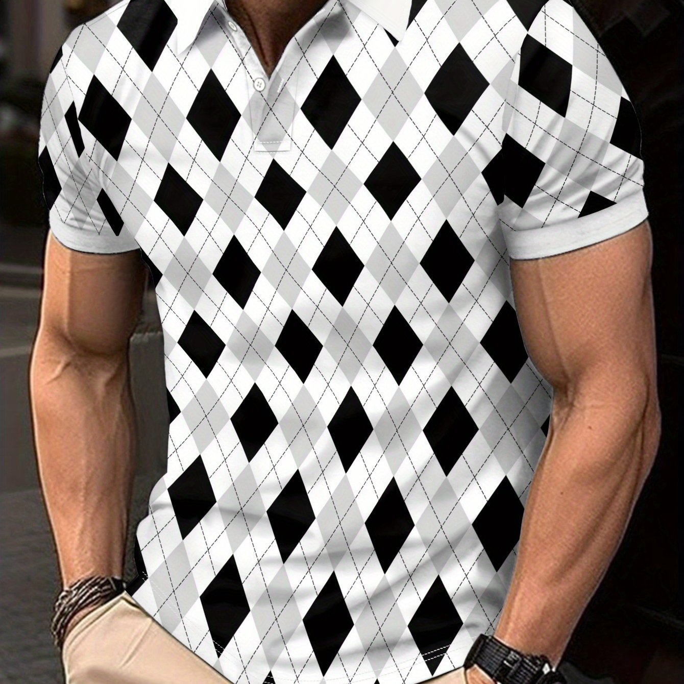 TEMU Men's Mesh Fabric T-shirt Geometric Print Comfortable Thin Breathable Short Sleeve Regular Fit Shirt, Plus Size