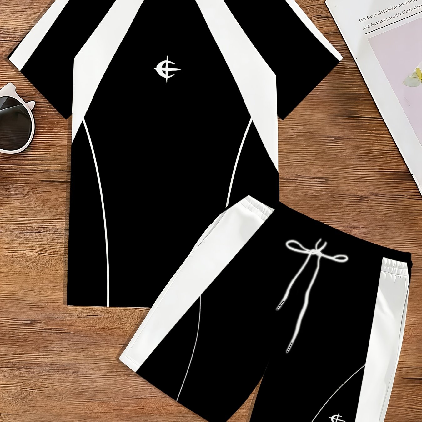 TEMU Street Black And White Spliced Sports Suit Men, Summer Short-sleeve T-shirt And Shorts 2pcs Set, Trendy Outdoor 2pcs Set