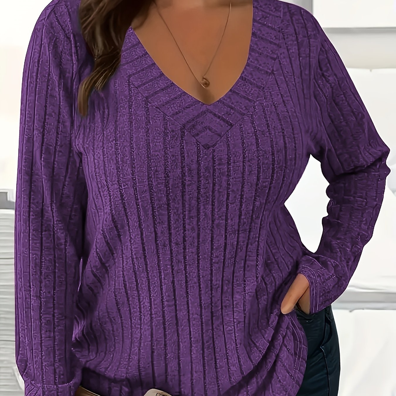 Plus Size - Plus Size - Spring, Autumn And Winter Solid Color Plus Size Women's Top V-neck Ribbed Brushed Casual T-shirt Loose Pullover Long Sleeves
