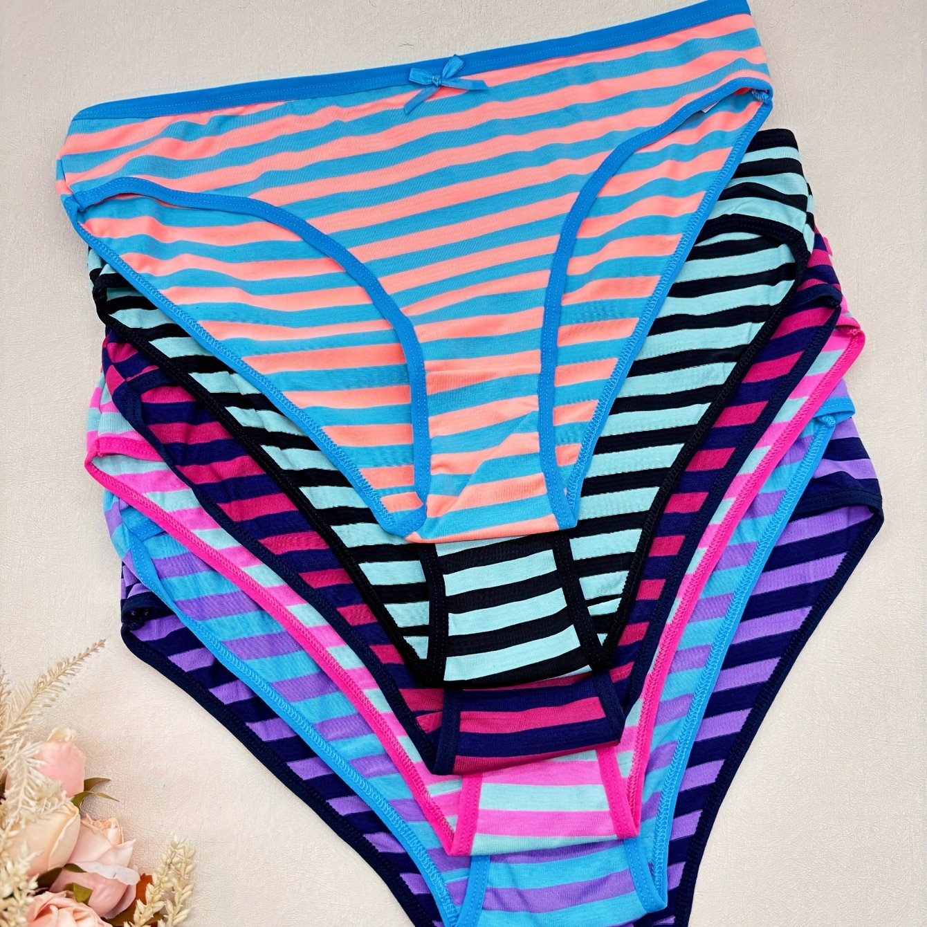 TEMU 6pcs Of Plus-size Women's Underwear Featuring Comfortable, Breathable Striped Tie-side Panties, Designed For And