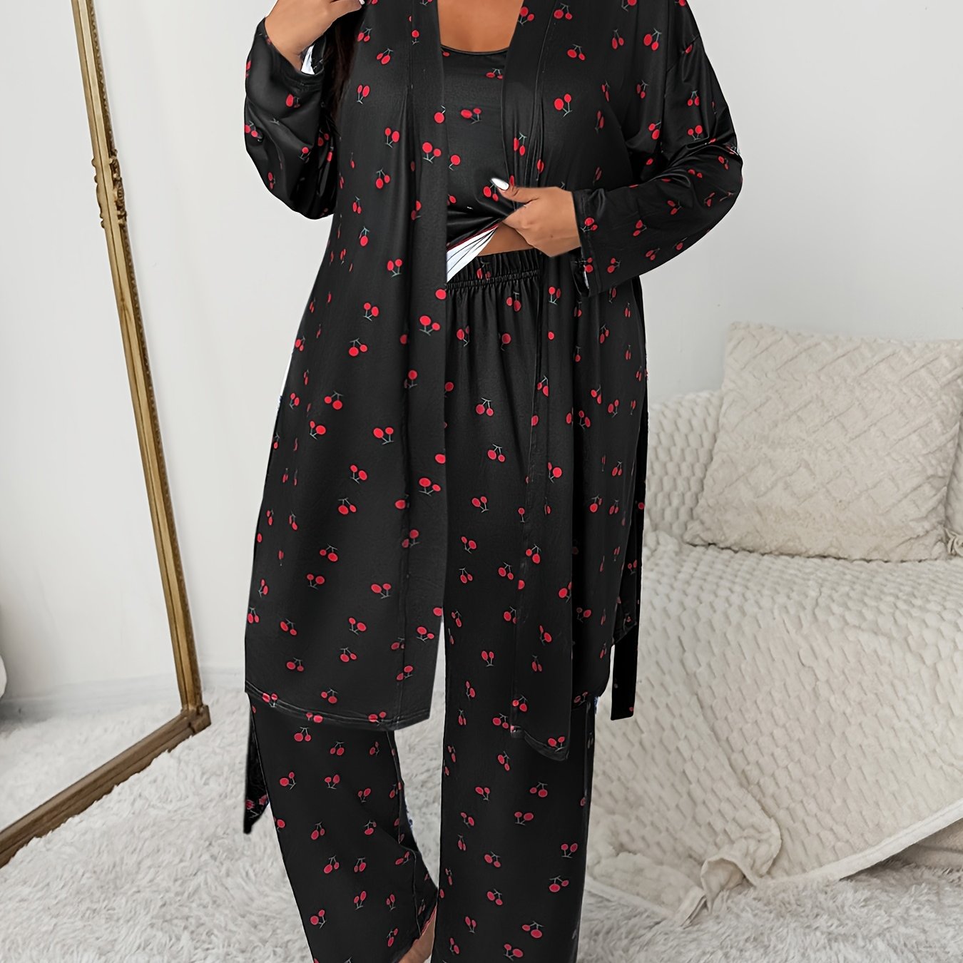 Image of Plus Size Sweet Cherry Print Cami Long Pants And Printed Long Sleeve Robe 3pcs Sleepwear Set