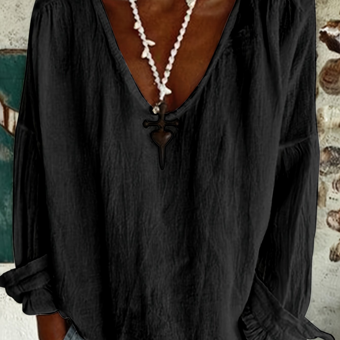 Image of Relaxed Solid Color Long Sleeve Crew Neck Pullover