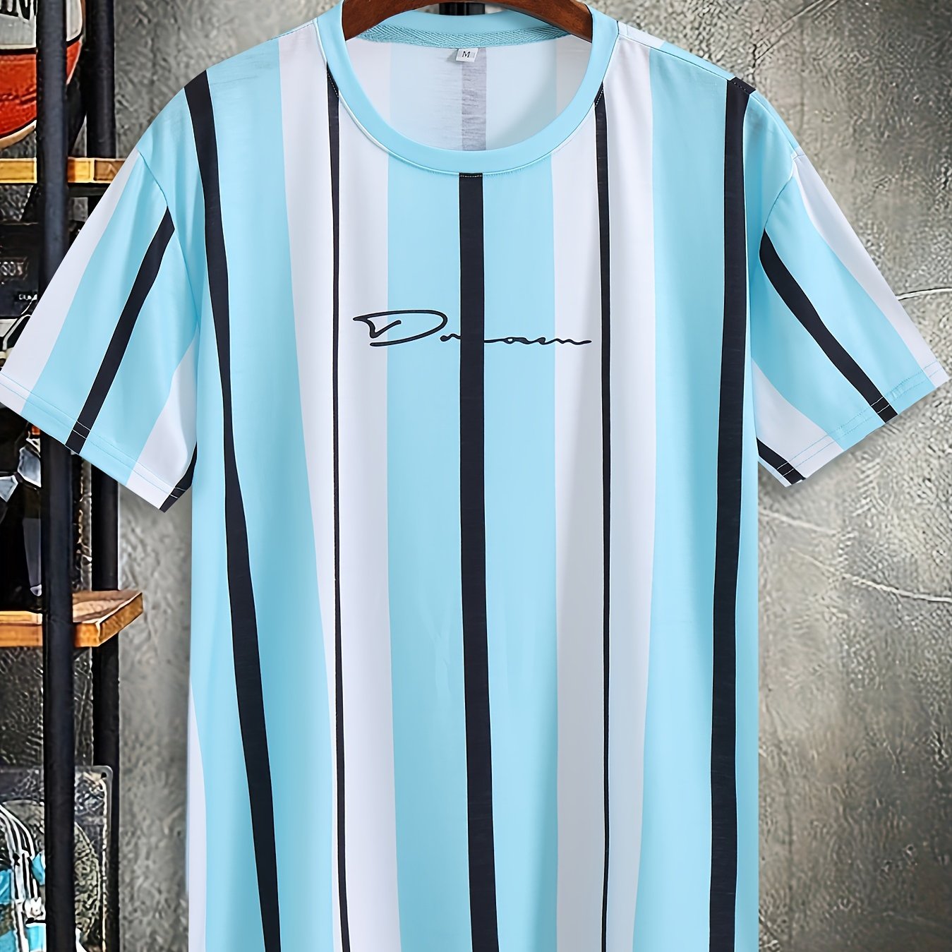 TEMU Chic Striped T-shirt, Men's Casual Street Style Stretch Round Neck Tee Shirt For Summer