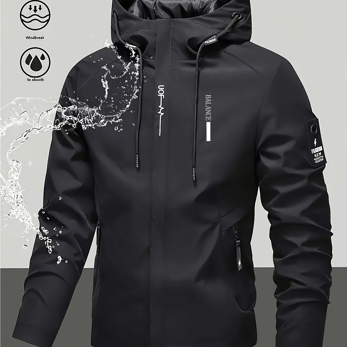 TEMU Men's Gift: Men's Casual Black Hooded Windproof Jacket, Lightweight Motorcycle Riding Suit With Zipper Closure, Brand Logo Print, High- Fabric,