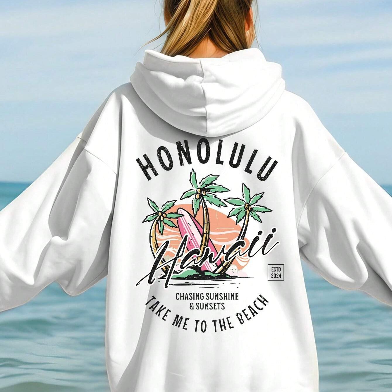 TEMU Coconut Tree Print Hoodie, Drawstring Casual Hooded Sweatshirt For Fall & Spring, Women's Clothing