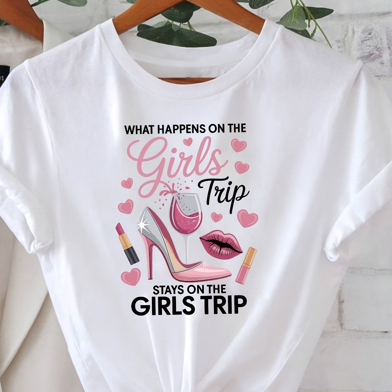 TEMU Plus Size, What Stays Graphic Print Plus Size Women's T-shirt, Short Sleeve Crew Neck Casual Top For Summer & Spring, Women's Clothing