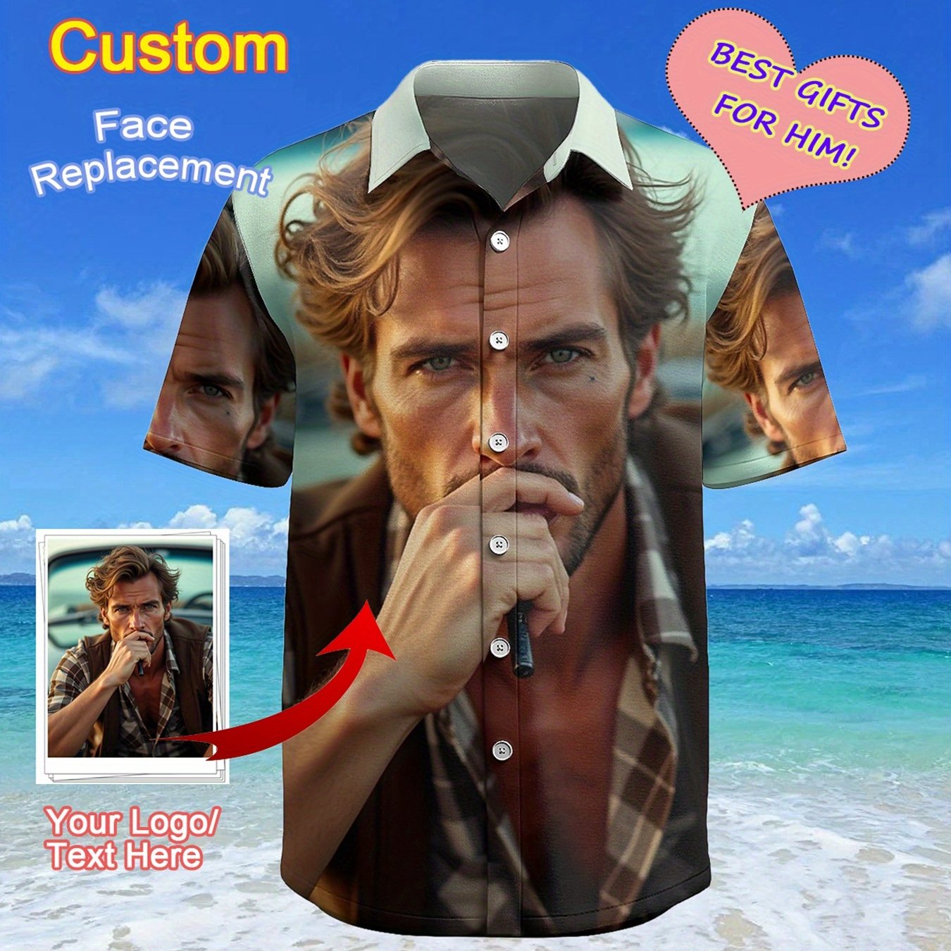 TEMU Men's Large Size Customizable Hawaiian Shirt - Personalized Photo Print, Polyester Fabric, Lapel Collar, Button Front, Summer Casual Top, Ideal