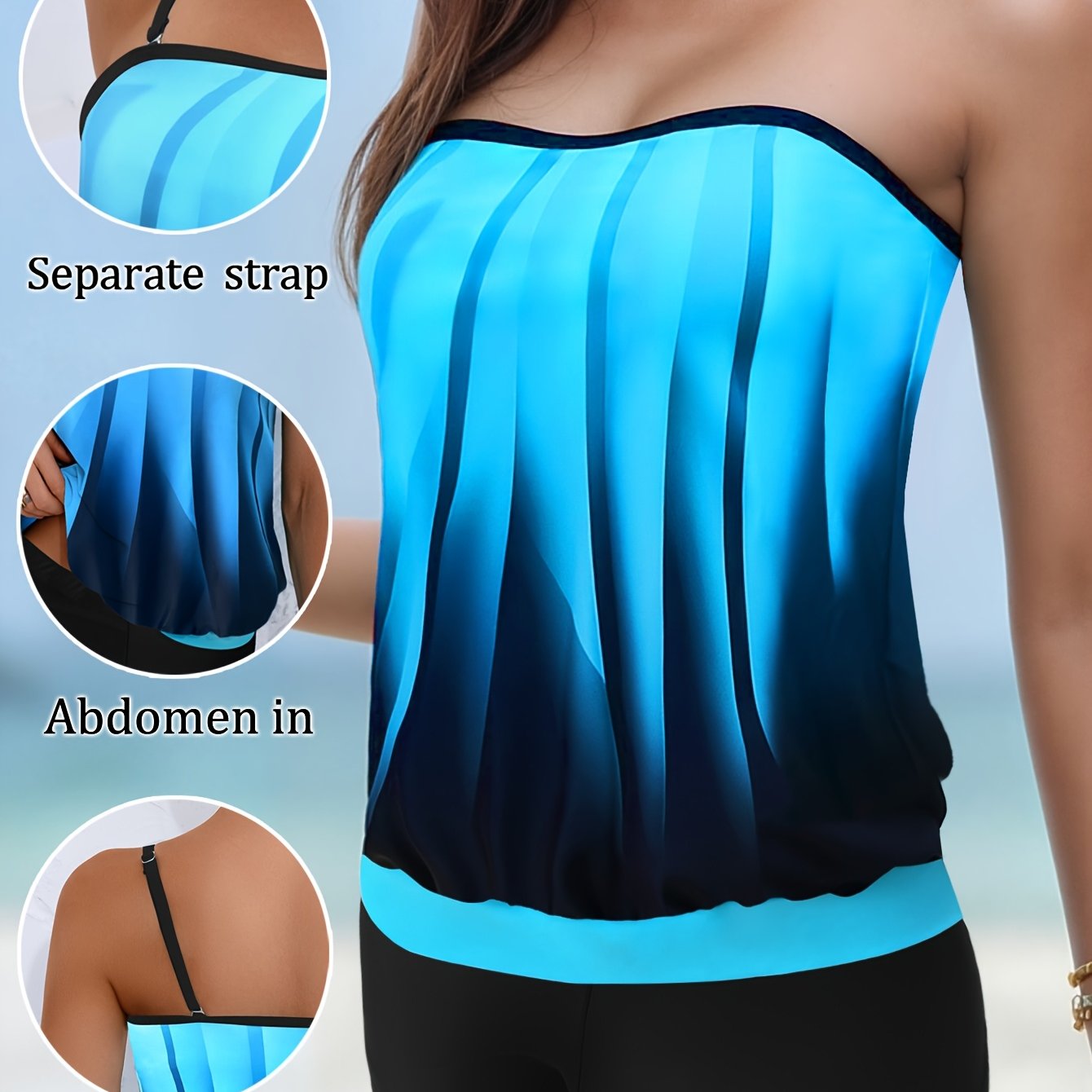 Image of Women'-piece Tankini Swimsuit With Detachable Straps And Gradient Color Briefs, Fashion Casual Swimwear
