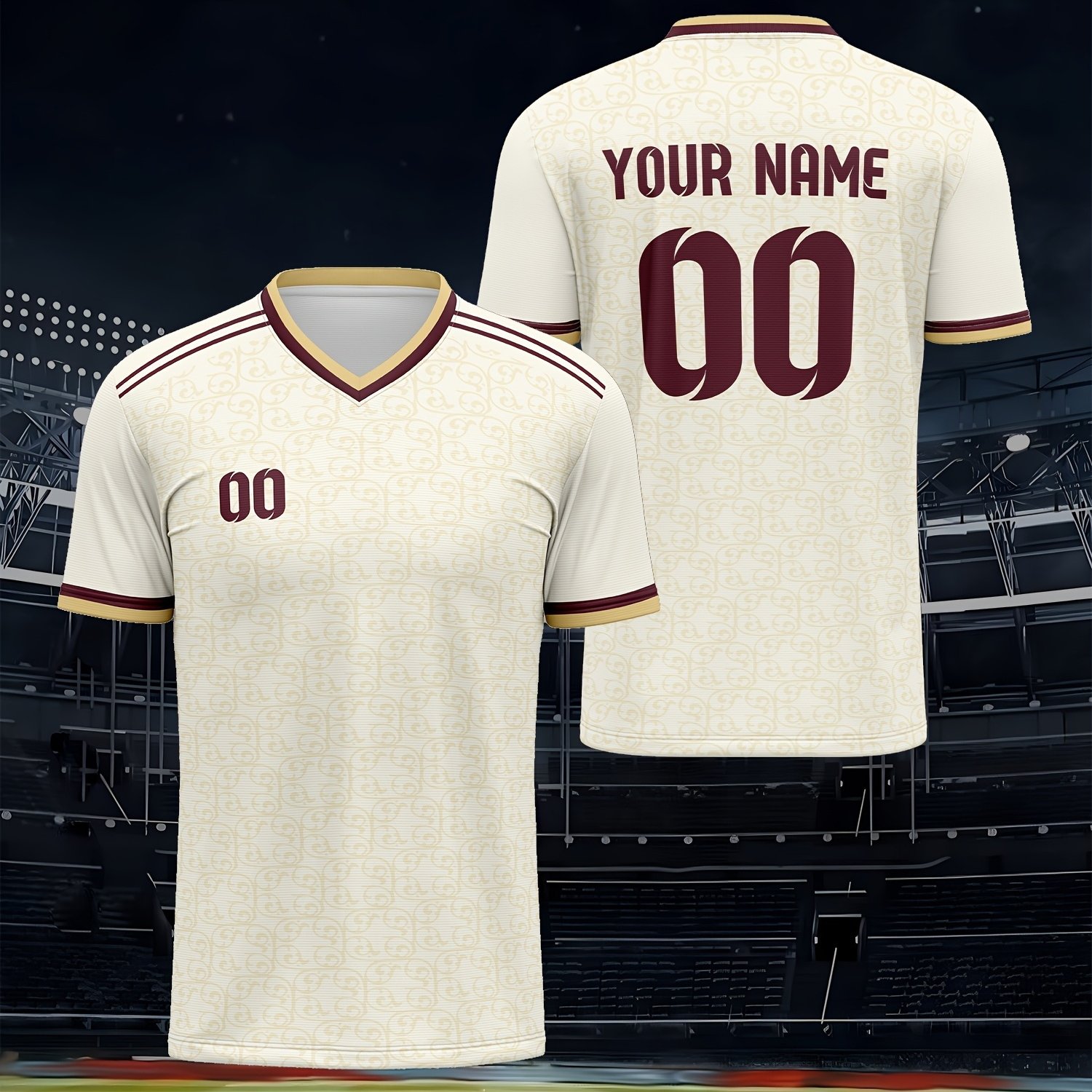 TEMU Camiseta de fútbol personalizada con cuello en V, estampado de inspiración vintage, rayas en los hombros y y dorado, y número personalizables,