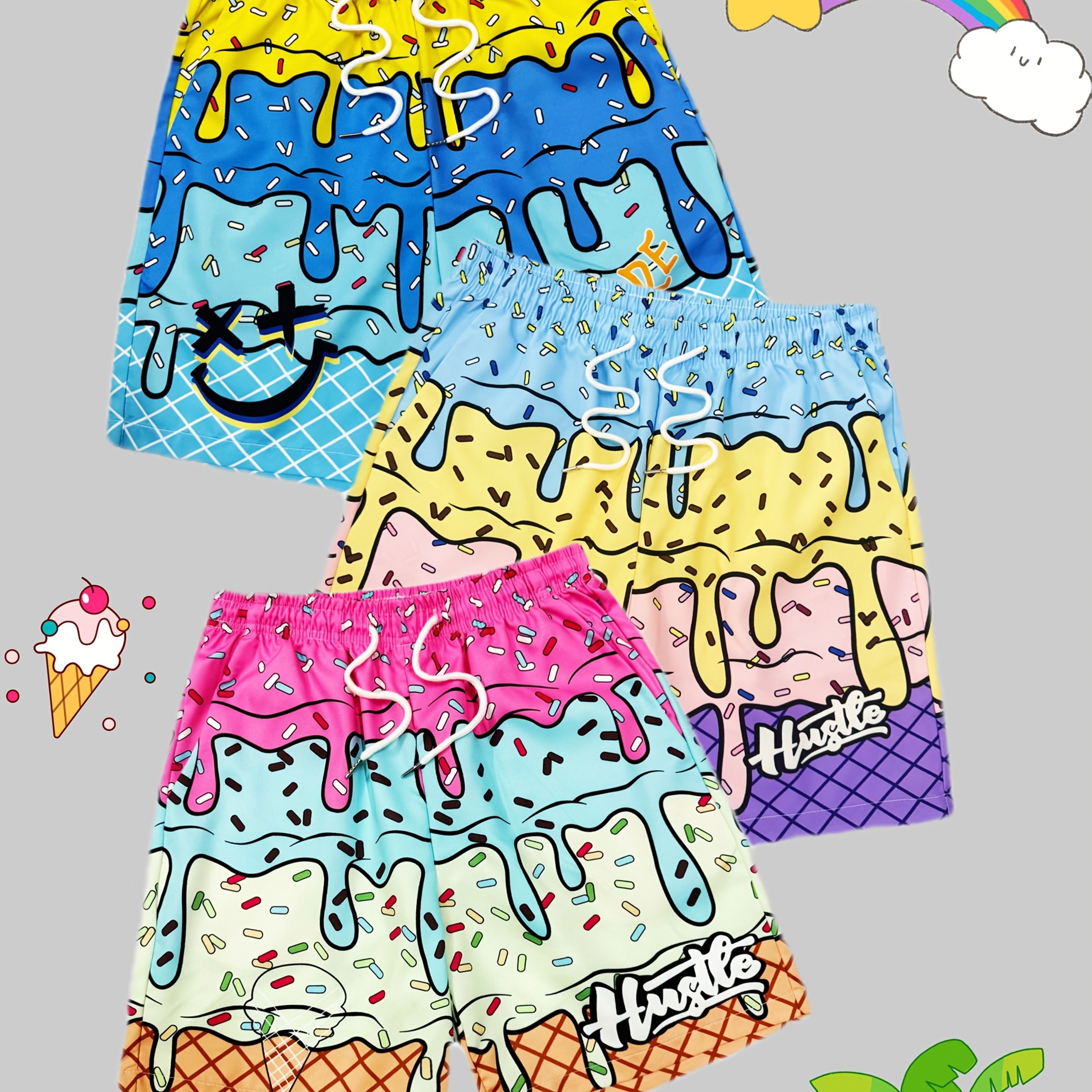 TEMU New Boys Printed Beach Shorts Three-piece Set, For Outdoor