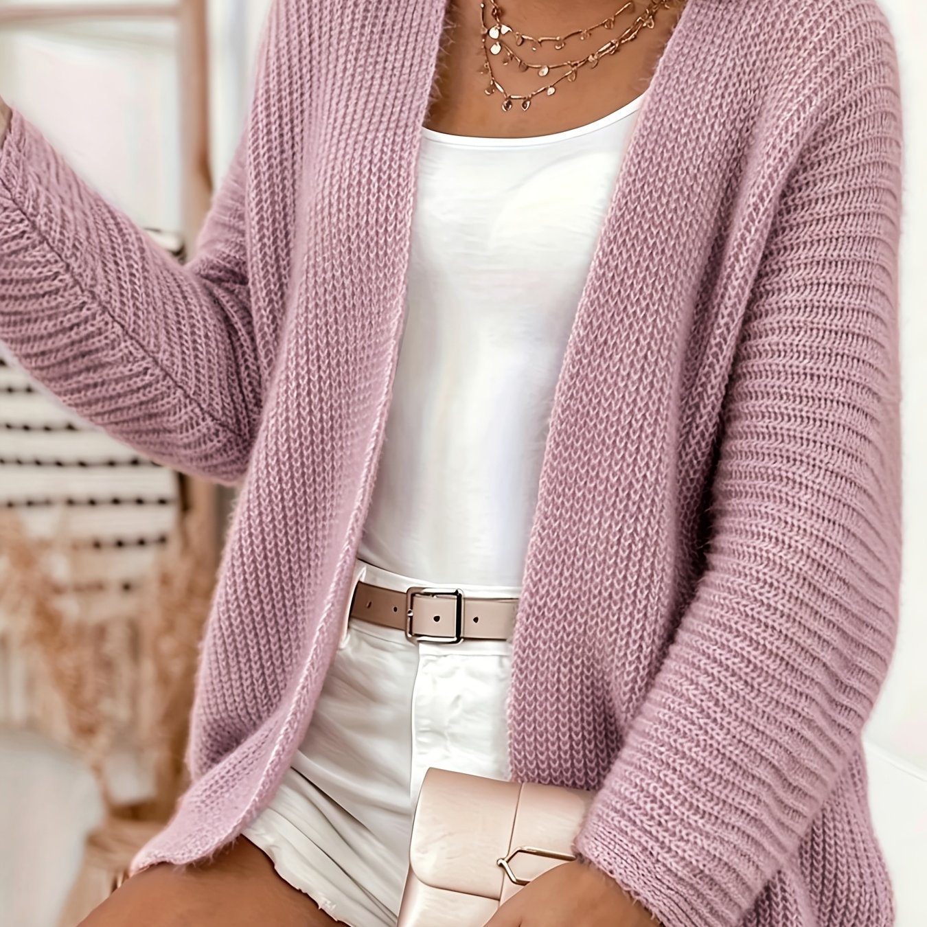 TEMU Women's Autumn/ Casual Long Sleeve Cardigan Elegant Solid Color Fabric Top
