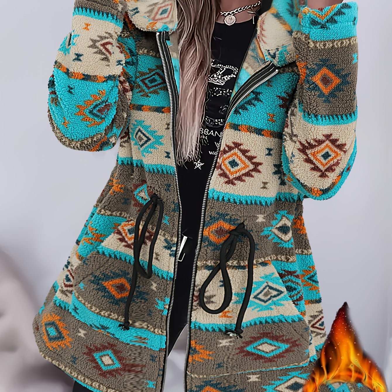 TEMU Autumn/winter Women's Vintage Aztec Tribal Geometric Print Hooded Plush Jacket - Waist Drawstring Design, Long Sleeve Zip Cardigan With Pockets,