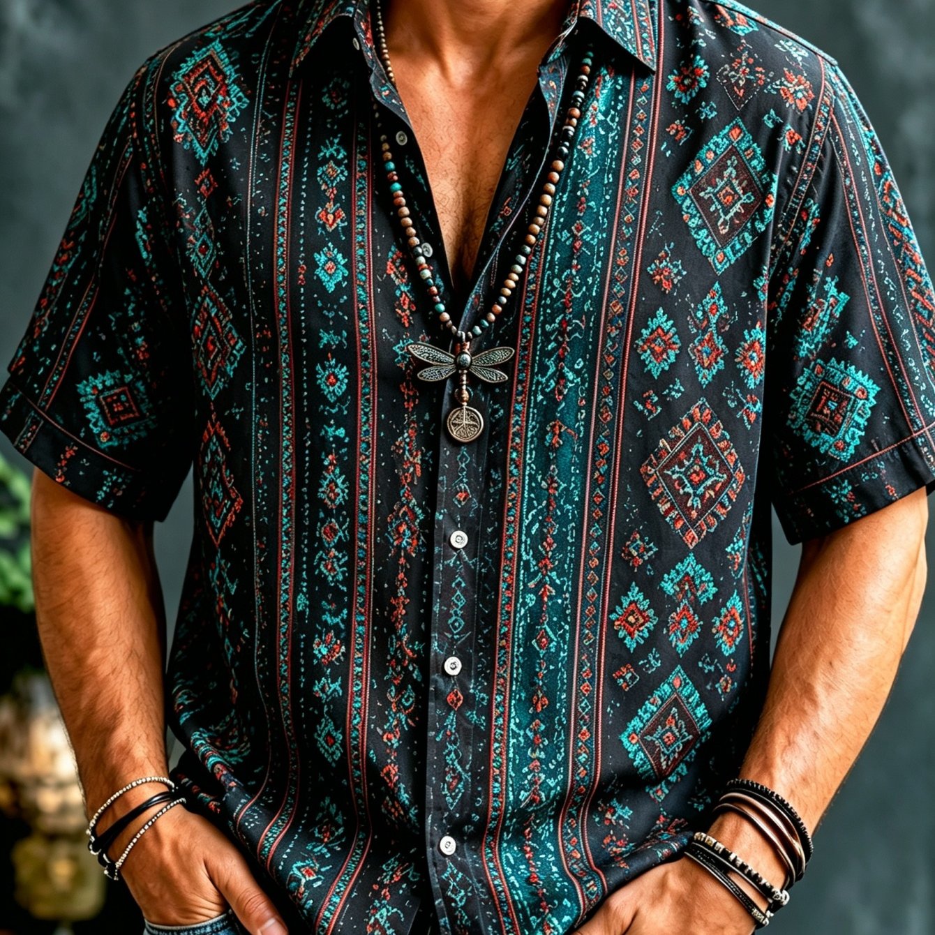 TEMU Men's Vintage Bohemian Dark Geometric Print Short-sleeve Shirt, A Lightweight, Breathable, And Casual Button-up Top With Vintage Ethnic-style