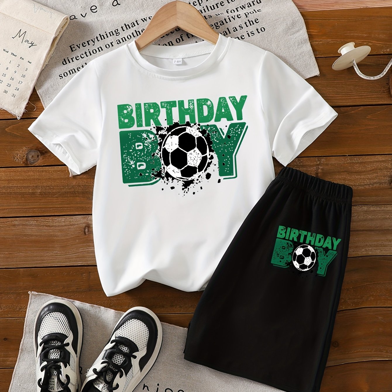 Image of Boys' Summer Short-sleeved ''football And Letter Elements Birthday Boy'' Print T-shirt And Shorts Set, For Outdoor