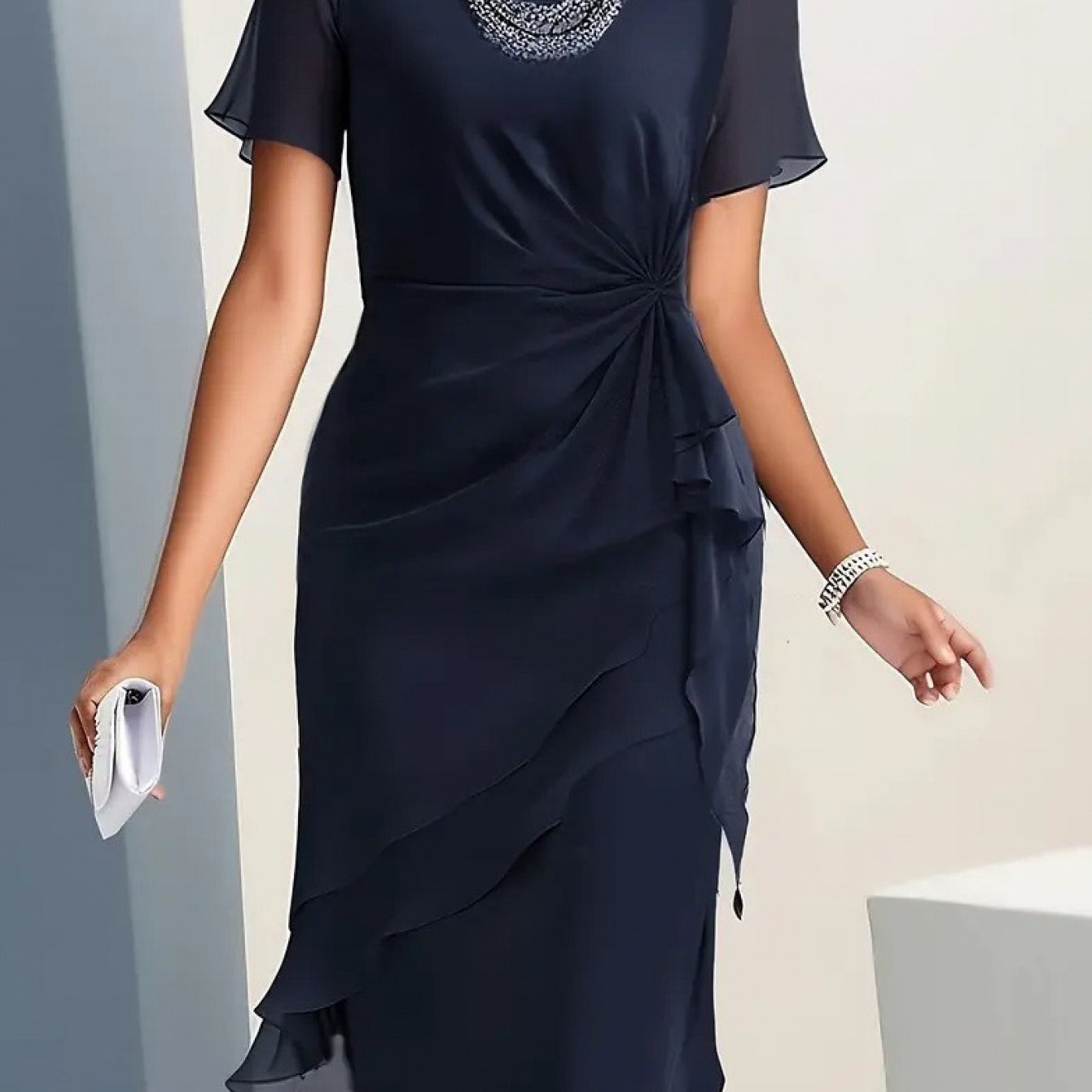 TEMU Summer Chiffon Women's Slim-fit Dress - Round Neck, Short Sleeve, Mid-length, Waist Twist Design, Asymmetrical Ruffle Hem, Elegant Party Outfit,