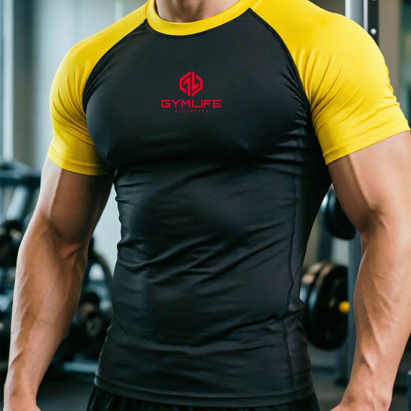 TEMU Men's Gymlife Compression Fitness Shirt - Stretch Muscle Shaping Workout Top, Moisture-wicking Breathable Tight Sleeve Tee Suitable For Weight