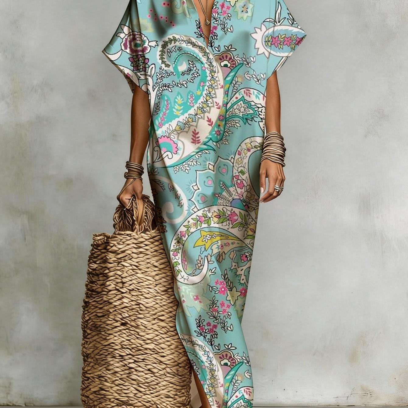 Image of Versatile Casual Dress, Summer Women Short Sleeve Shirt Maxi Dress, Loose Comfortable Version, Easy Boho Dress