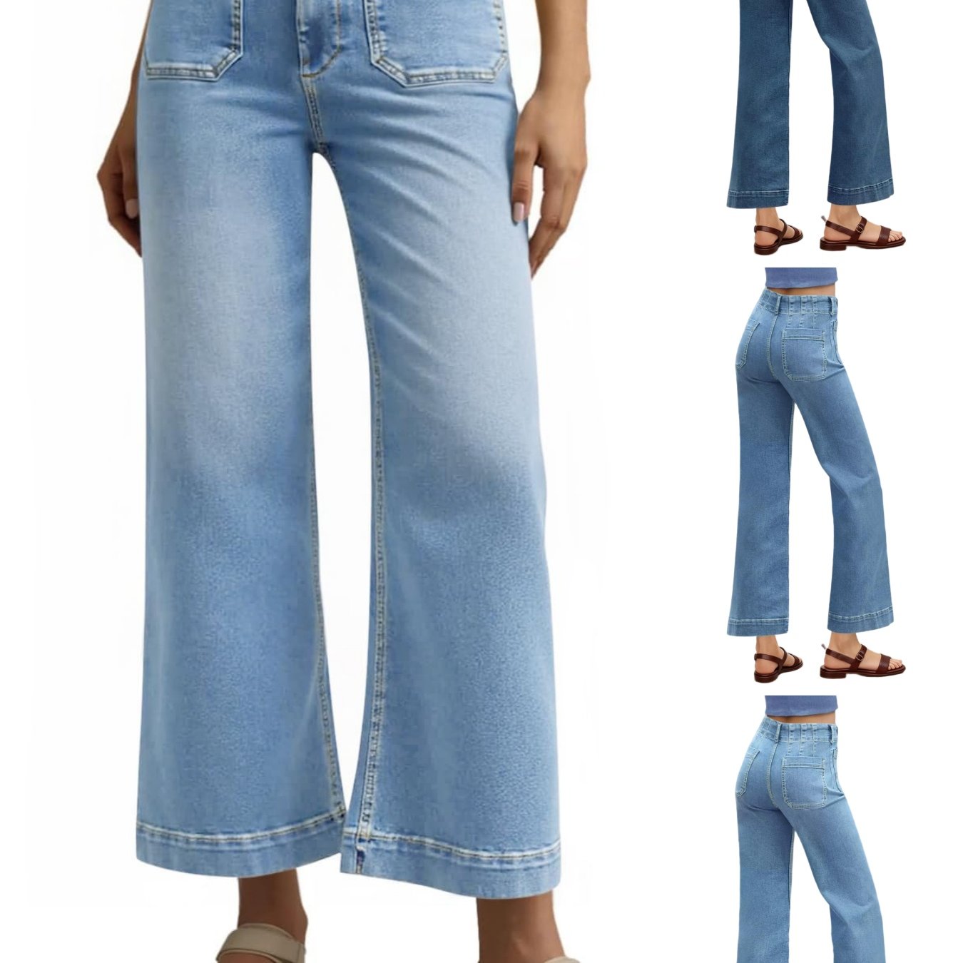 Image of Trendy Wide-leg Jeans For Women, Featuring A High Waist, Stretchy Flare Design, Cropped Length, , And Patch Pockets For And Summer