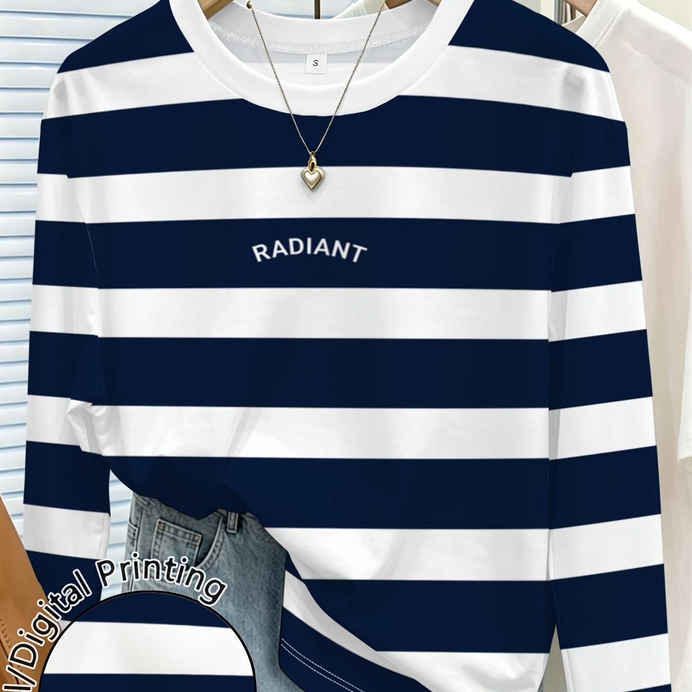 TEMU Women's Striped Printed Crew Neck Long Sleeve T Shirt Casual Summer Tops