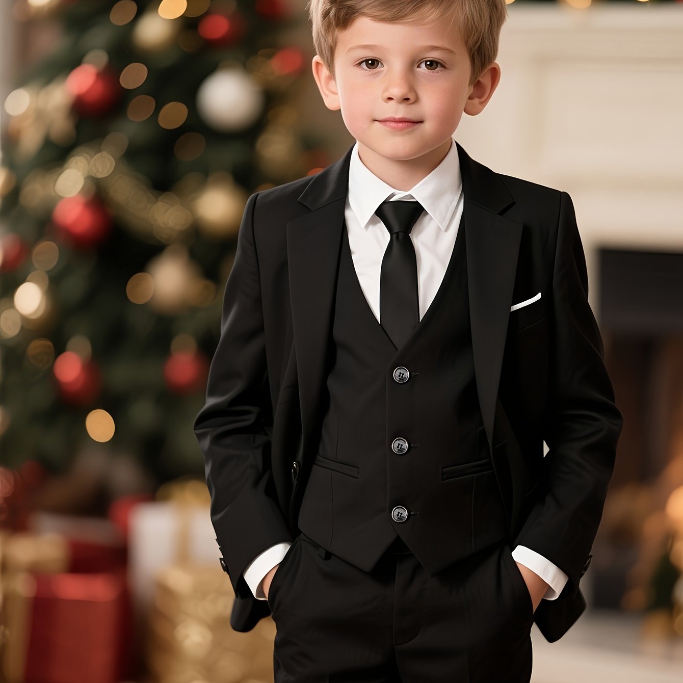 TEMU Boys' 4pcs Black Set, Including Jacket, Suit Coat, Trousers, And Tie. This Fashionable Formal Outfit Is Perfect For Events Like Parties,