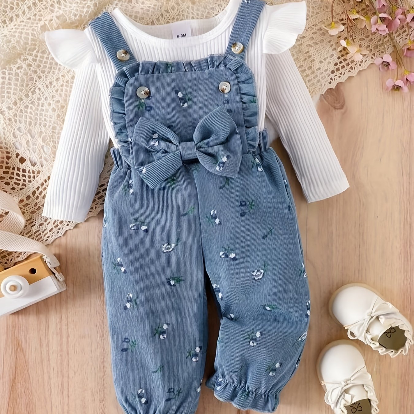 Image of Baby Girl Cute Print Flower Bow Overalls And Long Sleeve Top 2pcs Set P102078, For Outdoor