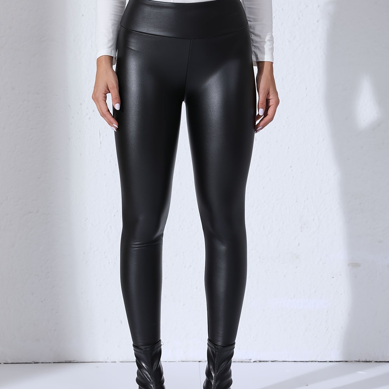 Image of A Pair Of High-waisted Faux Pu Faux Leather Fleece-lined Leggings, Shaping And Sexy Spring/summer Cropped Skinny Long Pants, Women's Versatile Outdoor, Autumn/winter Leggings