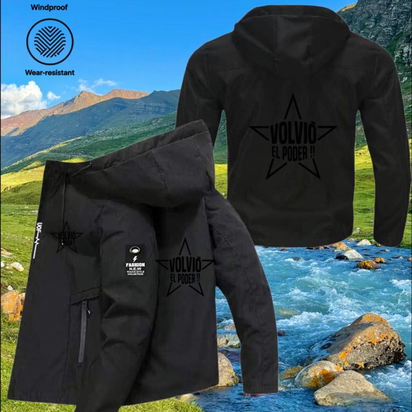 TEMU Men's Fashion High-quality "volviÃ³ El Poder" Logo Hooded Zipper Windproof Breathable Jacket, Long Sleeve, Durable Polyester Fiber, Zipper