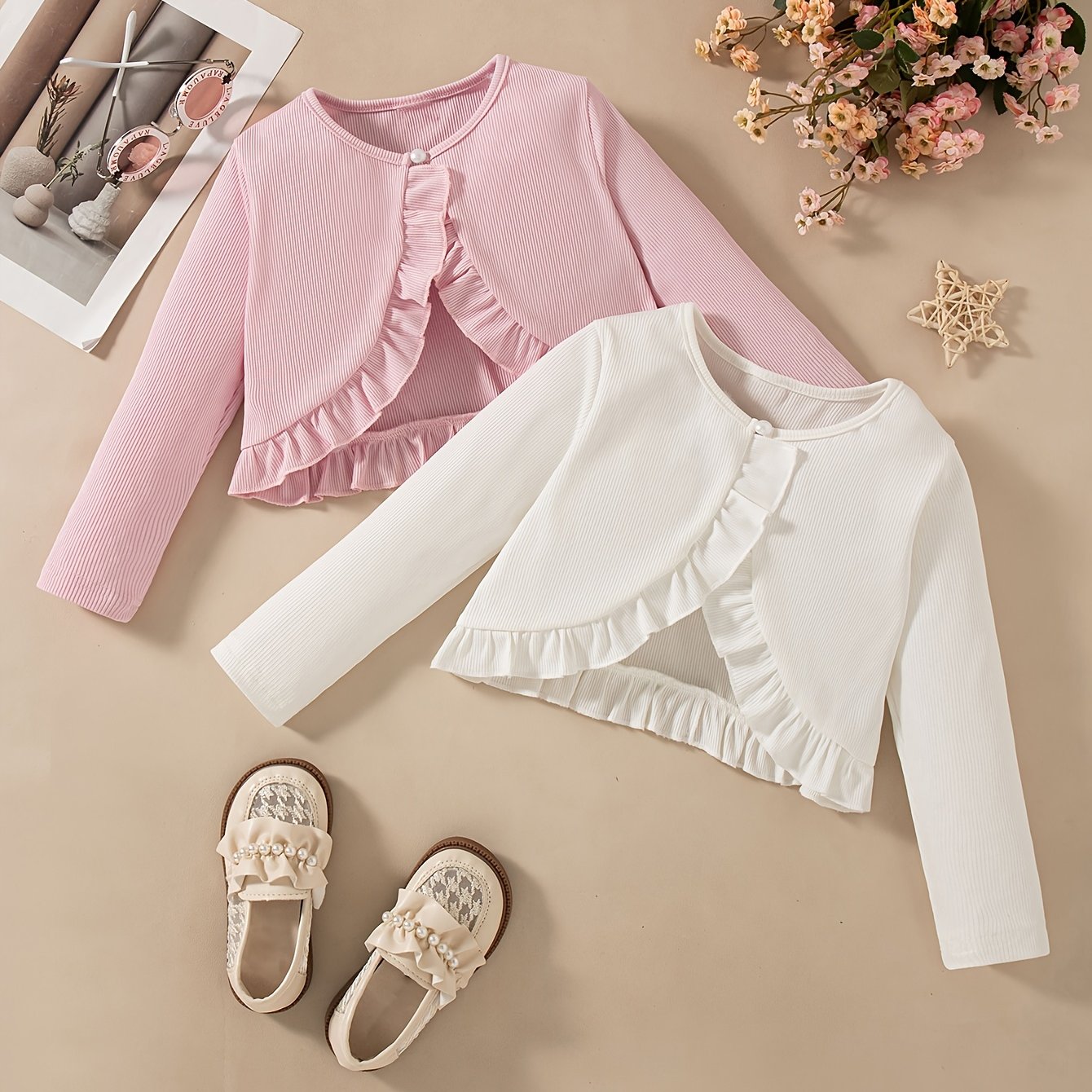 Image of 2pcs Set Multi-pc Combination Girls' Daily Casual Outing Fashion Solid Color Ruffle Patch Button Design Cropped Long Sleeve Cardigan Coat For Spring And Autumn, Back To School Essentials