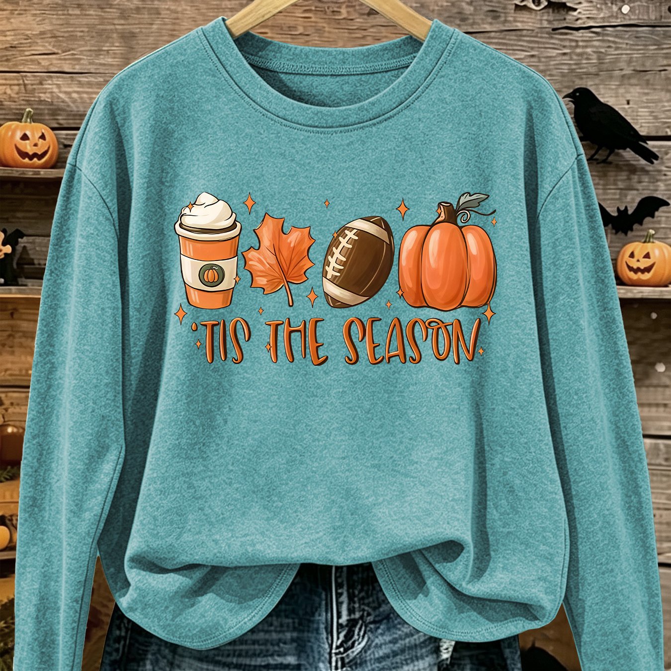 [halloween Costume] Women's Party Pumpkin 'tis--season' English Print Round Neck Long Sleeve T-shirt Autumn Style Suitable Summer And Autumn Everyday Wear Fashionable Party Comfortable Top, Loose Fit