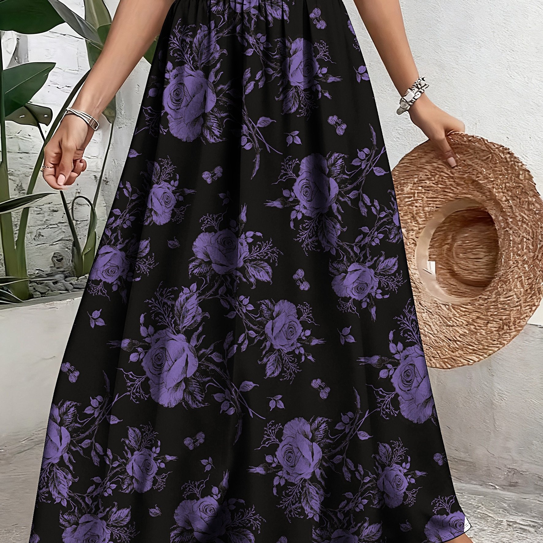 TEMU Plus Size, Elegant Floral Print Polyester Skirt - Casual A-line, Non-stretch Fabric, With Elastic Waistband And Hem, Machine Washable - Wear