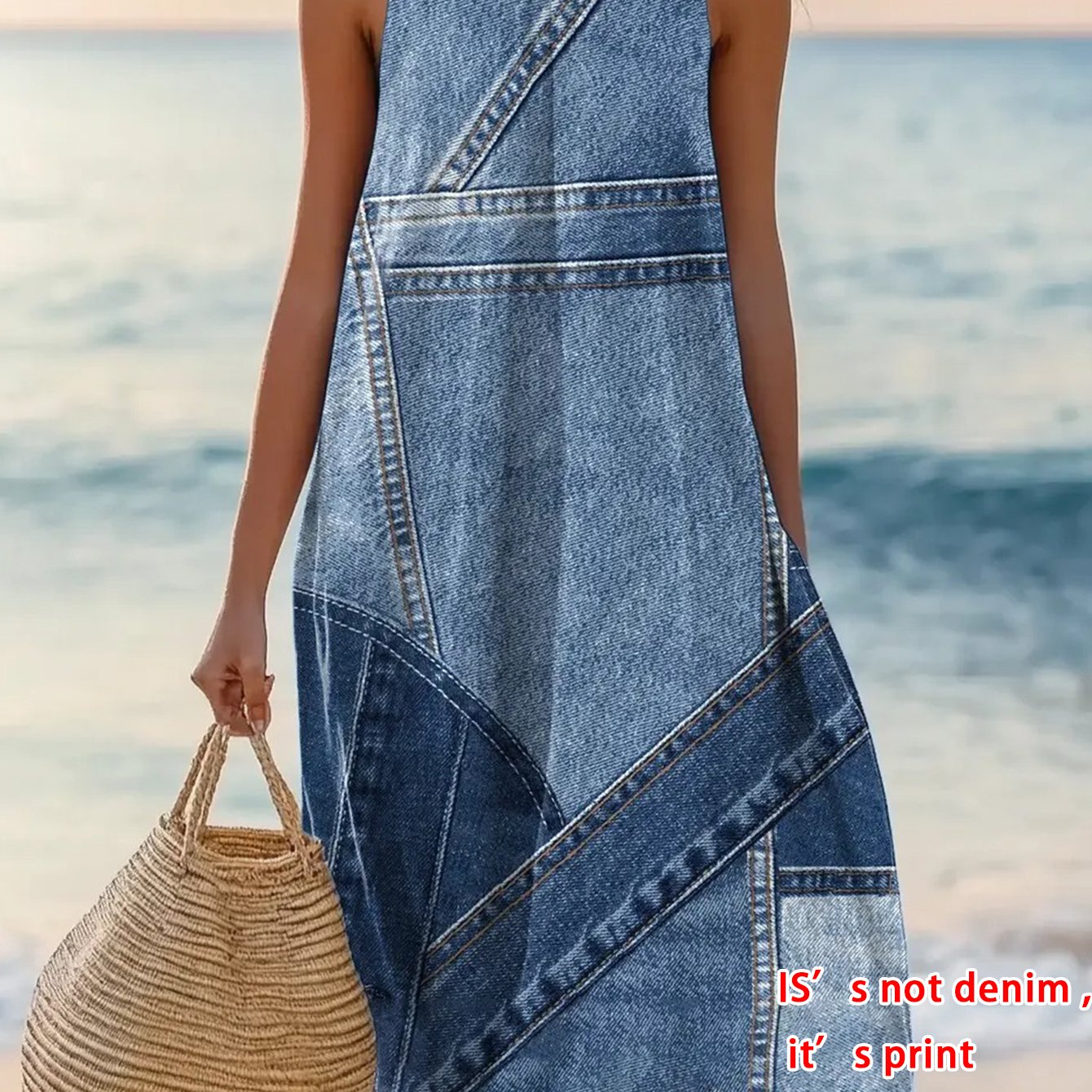 Image of Women's Summer Sleeveless A-line Maxi Dress - -denim And Print, Round Neck | Casual , Flattering And Versatile | The Perfect Vacation Dress | Ideal For