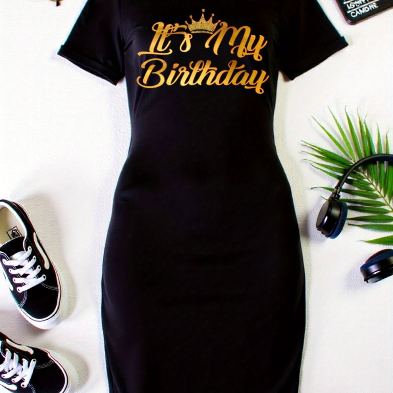 TEMU Black Dress For Women Featuring A Golden Letter Print That Says 'my Birthday'. This Casual Yet Elegant Round Neck T-shirt Dress From Stretch