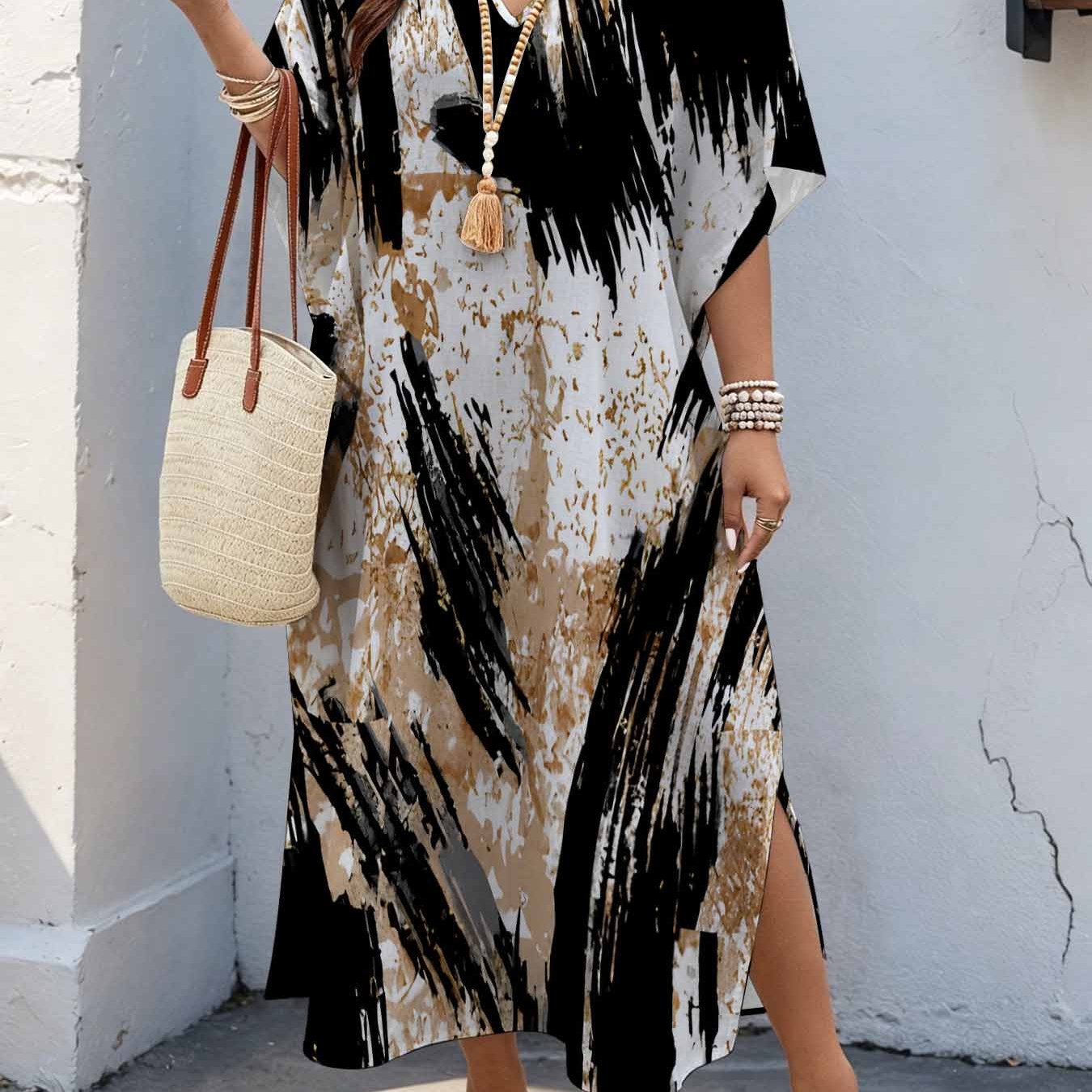 Image of Plus Size Women's 08xl Artistic Abstract Style, Ink Splatter Marble Print Maxi Dress, V-neck Batwing Sleeve Dress With Double Side Slits, Loose Casual Summer Dress For Curvy Women