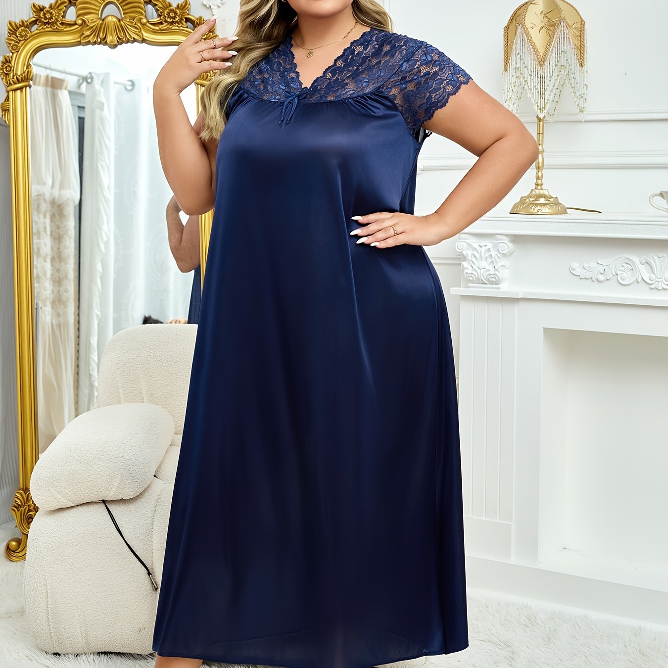 Plus Size Sexy Sleep Dress, Women's Satin Bow Contrast Lace Cap Sleeve V Neck Nightdress
