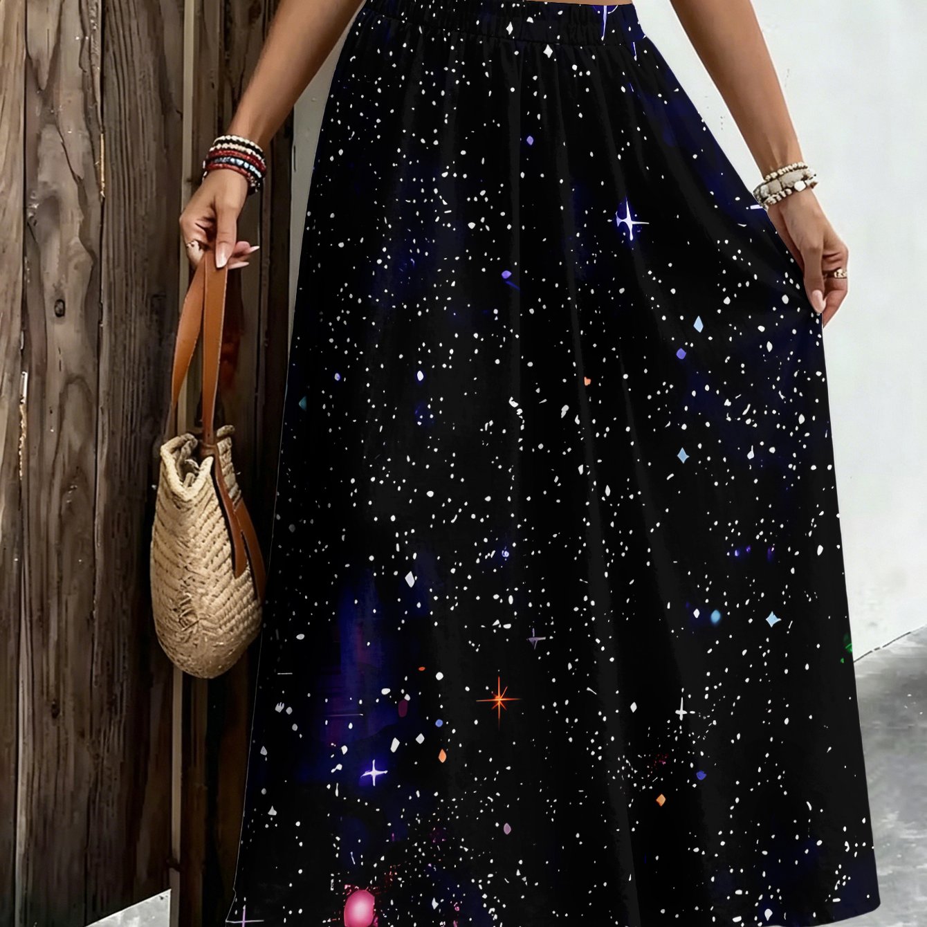 TEMU Plus-size Women's Elegant And Fashionable Midi Skirt, Casual Printed Mid-length Skirt With A Starry Sky And Sparkling Pattern, Suitable For