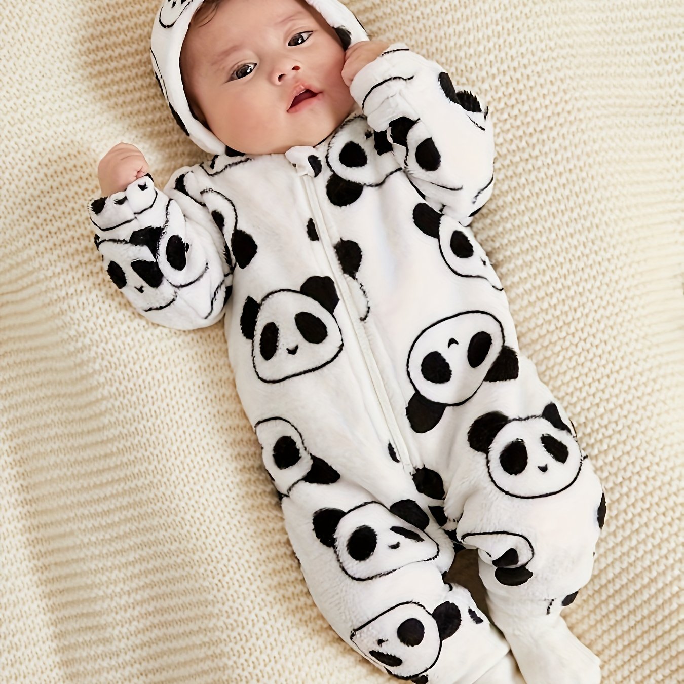 Image of 1pc Winter Baby Girl Cute Cartoon Pattern Thickened Plush Hooded Jumpsuit, For Outdoor