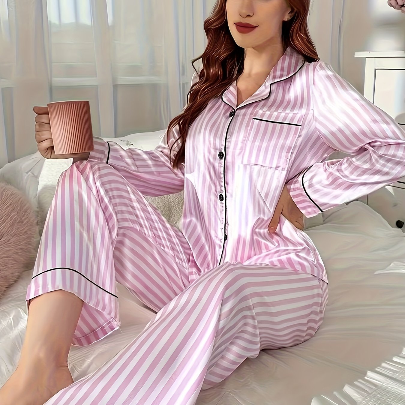 E-shop Elegantes gestreiftes Pyjama-Set, Langarm-Oberteil mit Knopfleiste Hose, Damen